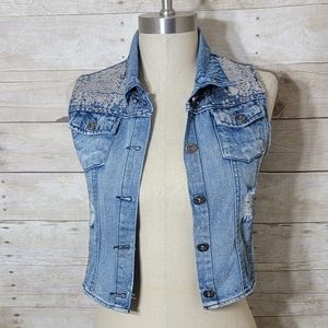 C'esttoi Denim short sleeve distressed bling jacket, size S
